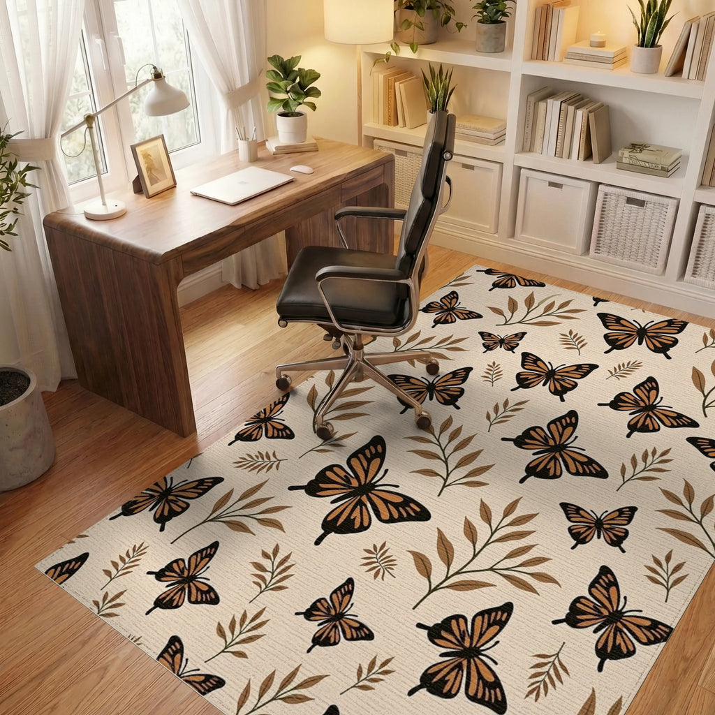Brown Butterfly Leaf Pattern Rug Office View