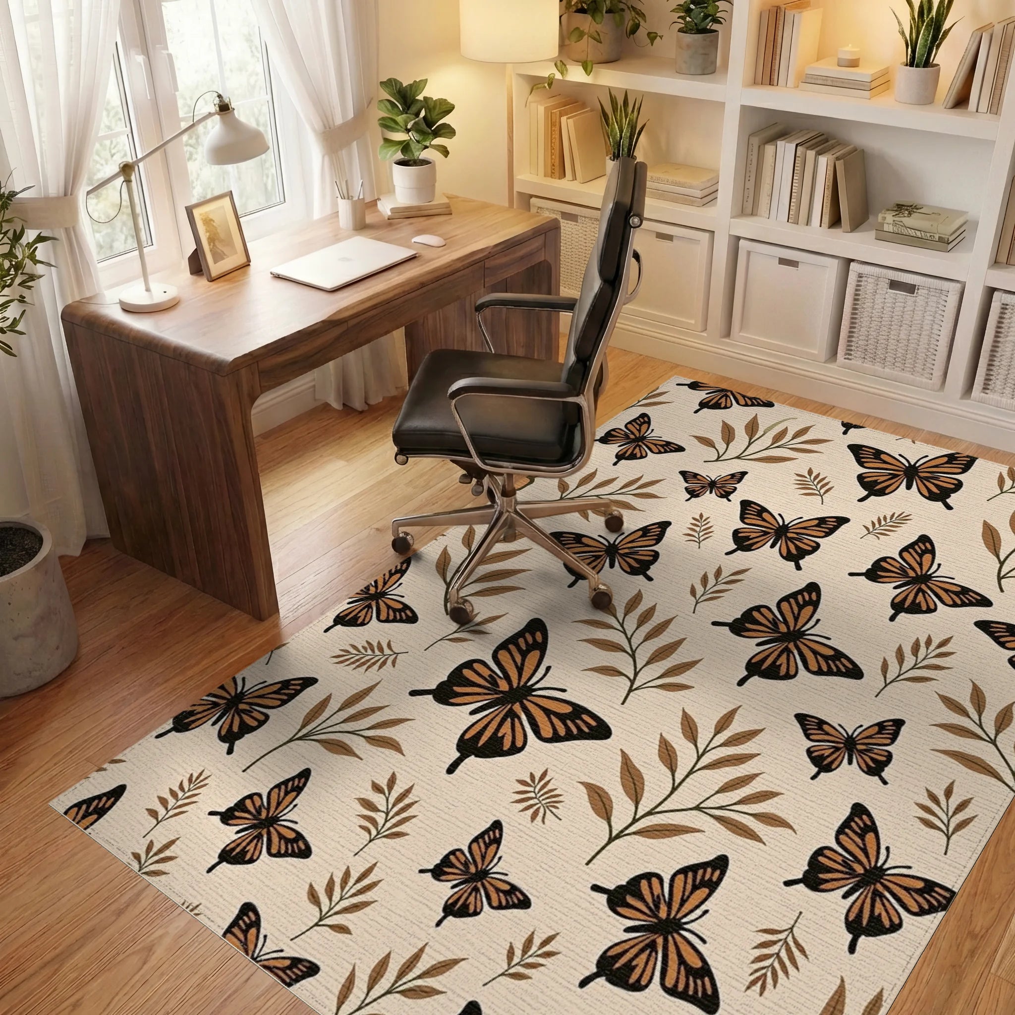 Brown Butterfly Leaf Pattern Rug Office View