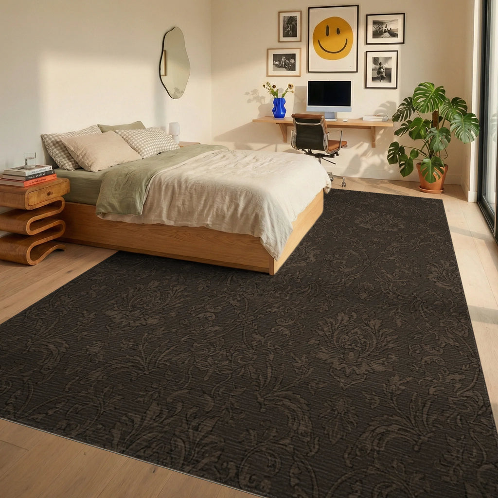 Brown Damask Scrollwork Medallion Rug Bedroom View
