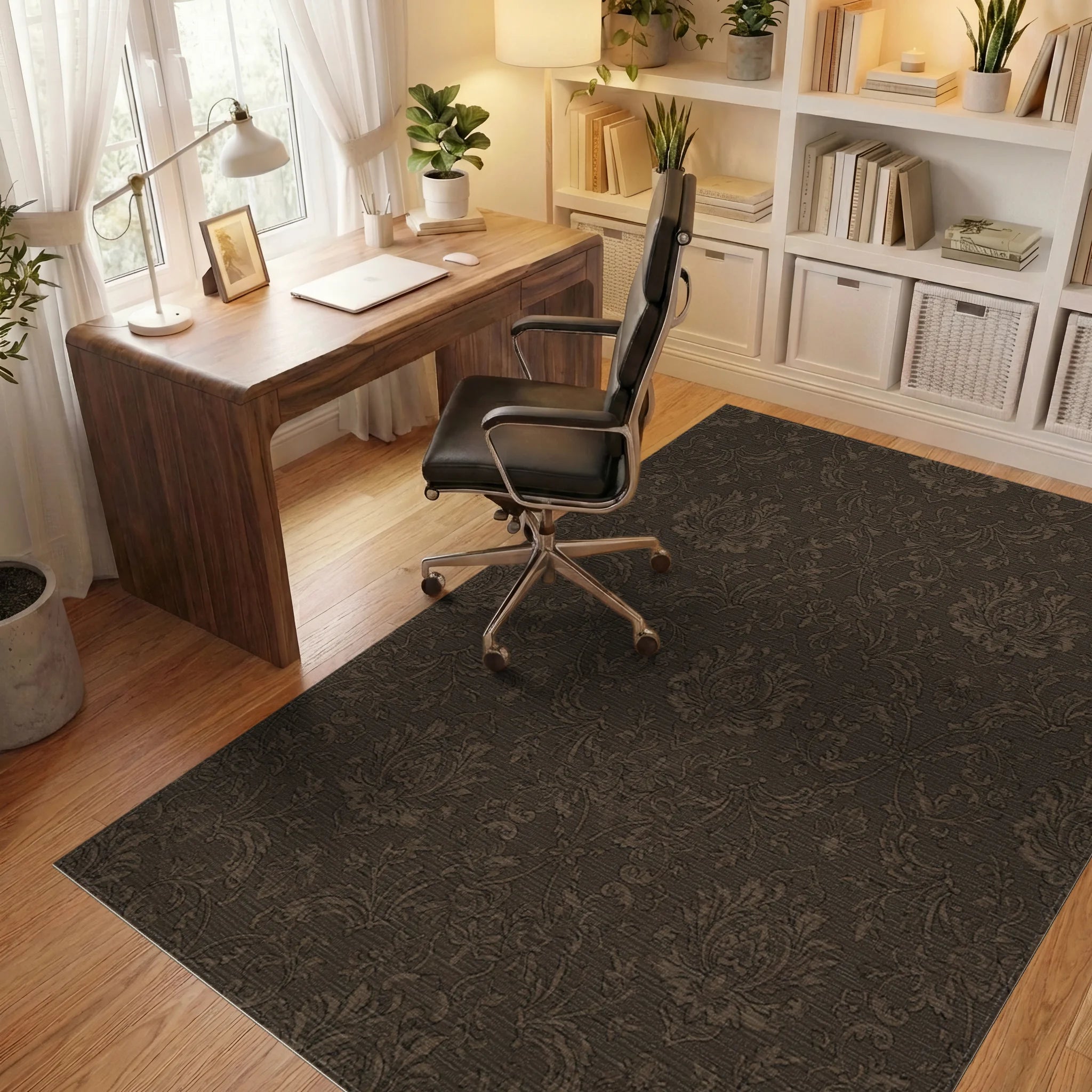 Brown Damask Scrollwork Medallion Rug Office View