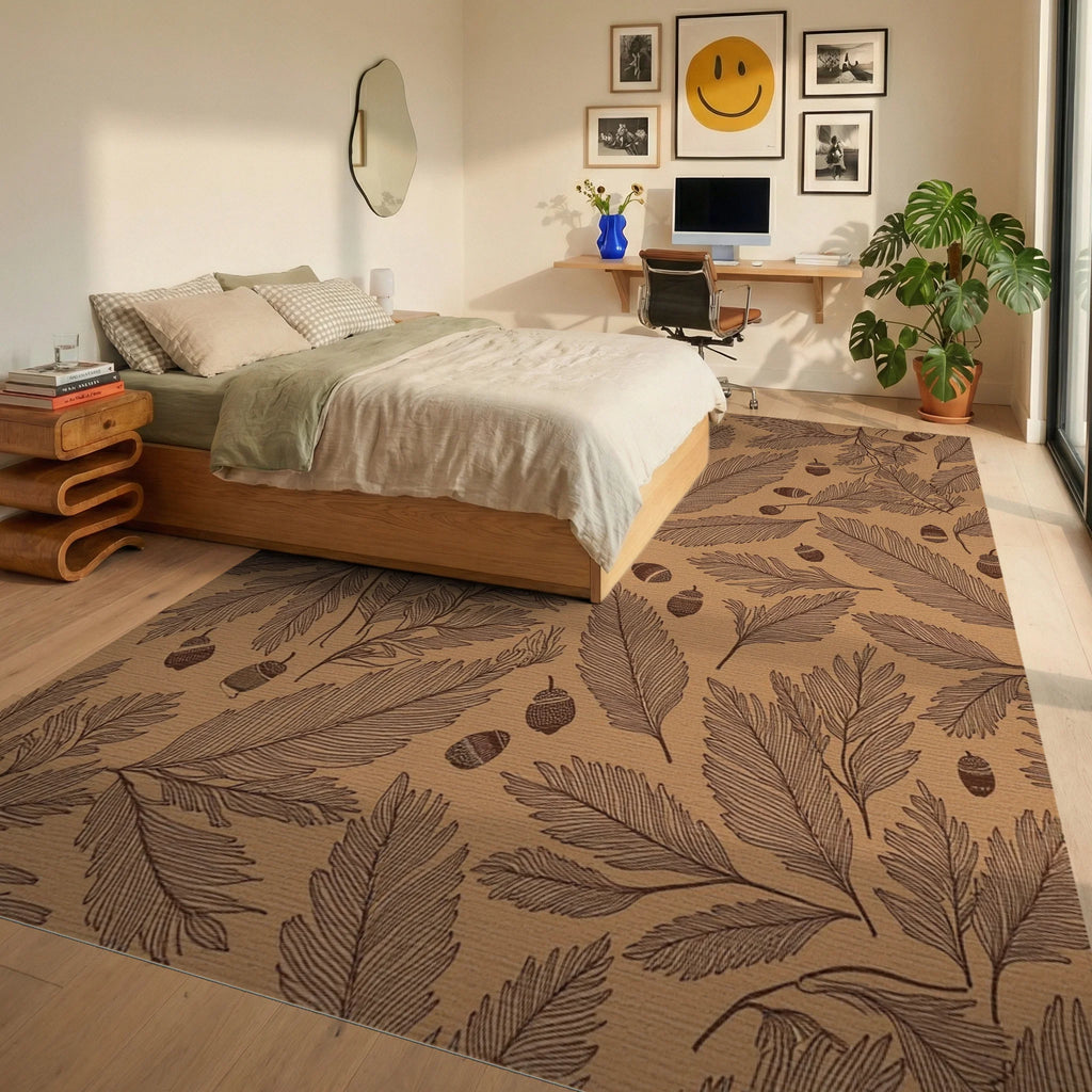 Brown Earthy Acorn Leafy Branches Rug Bedroom View