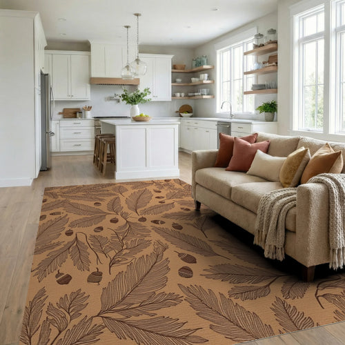 Brown Earthy Acorn Leafy Branches Rug Living Room View
