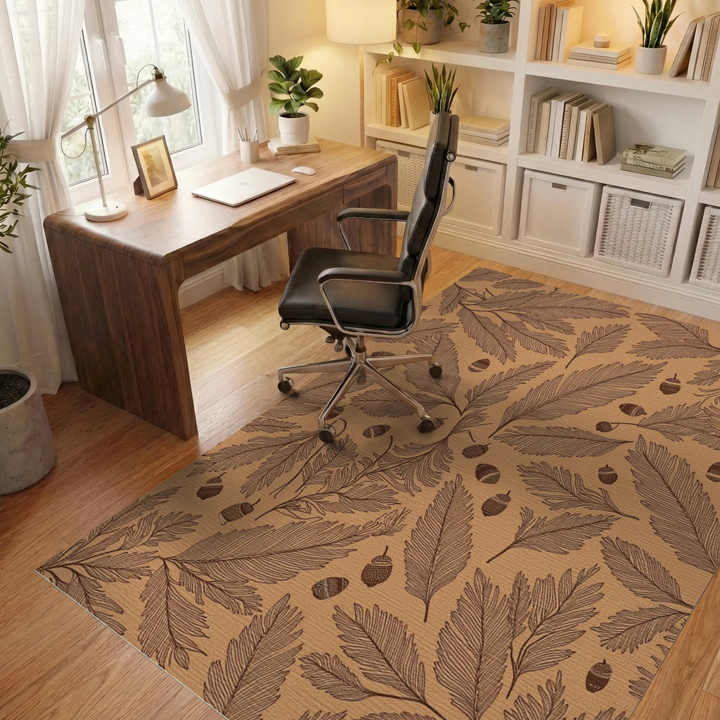 Brown Earthy Acorn Leafy Branches Rug Office View