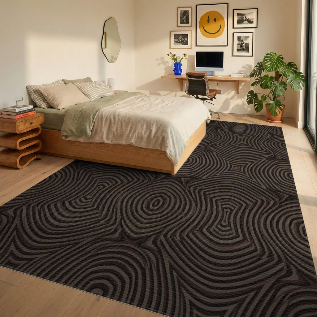 Brown Ocular Concentric Wave Rug Bedroom View