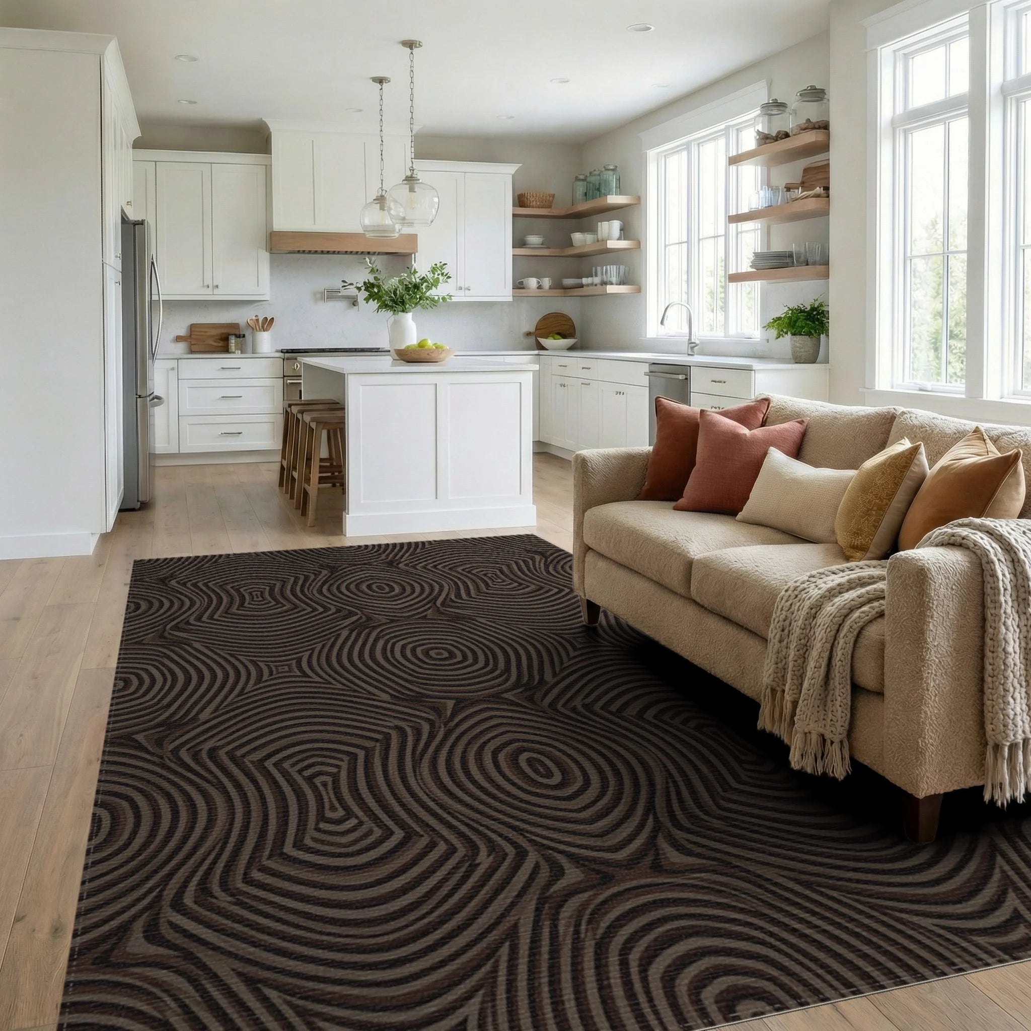 Brown Ocular Concentric Wave Rug Living Room View
