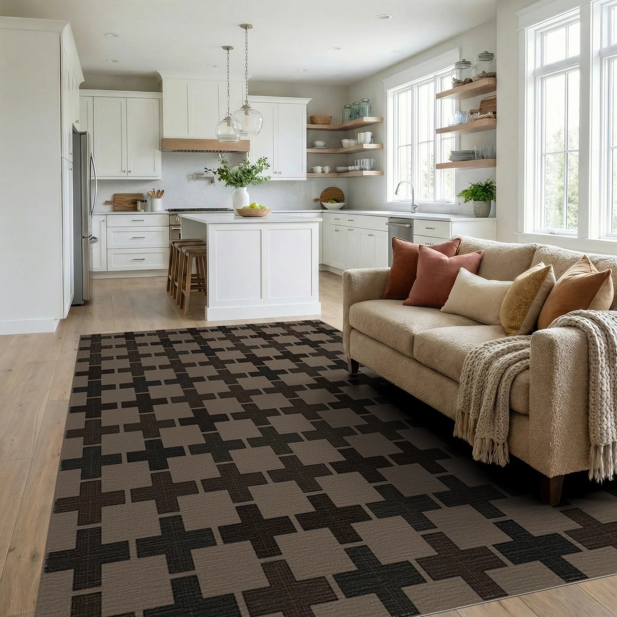 Brown Woven Cross Contemporary Rug Living Room View