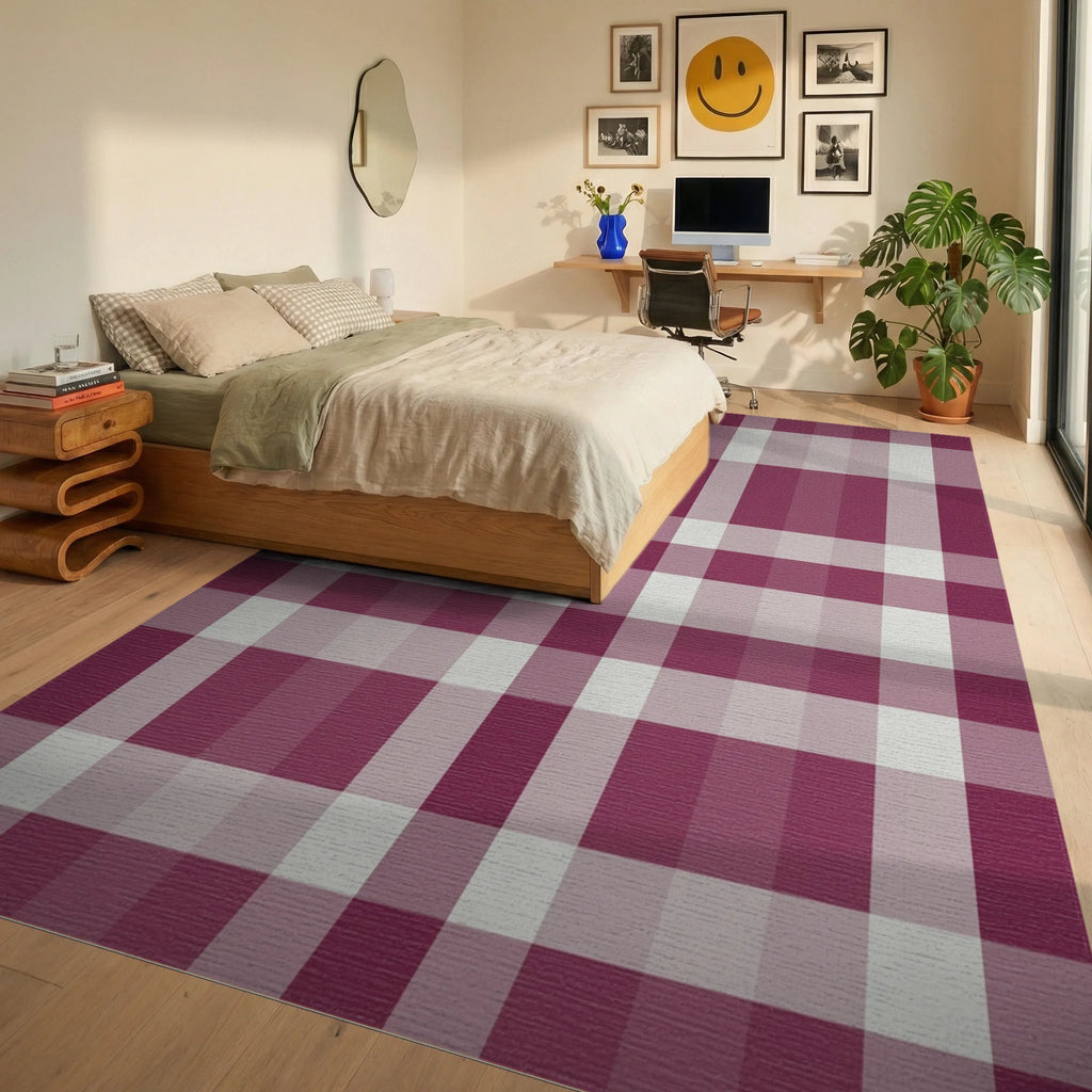 Burgundy Cream Plaid Lattice Rug Bedroom View
