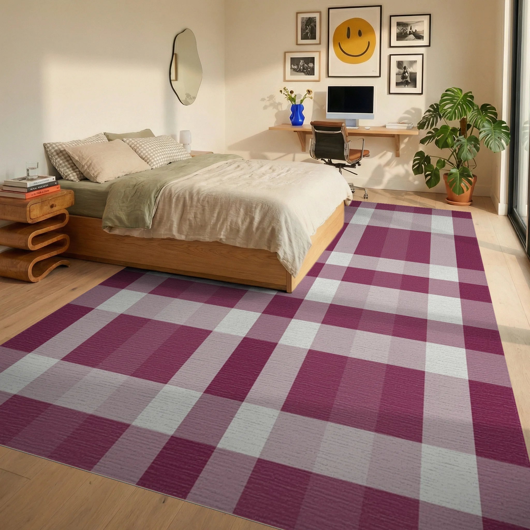 Burgundy Cream Plaid Lattice Rug Bedroom View