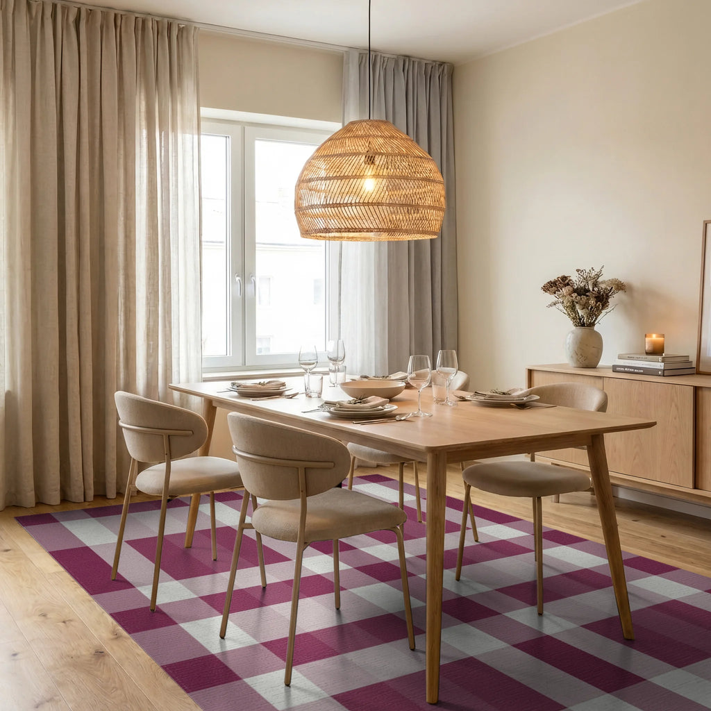 Burgundy Cream Plaid Lattice Rug Dining Room View