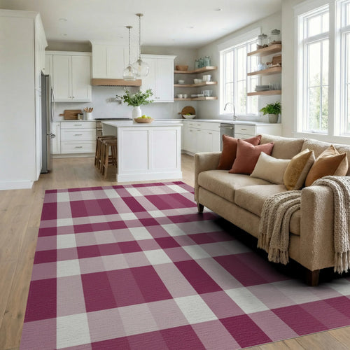 Burgundy Cream Plaid Lattice Rug Living Room View