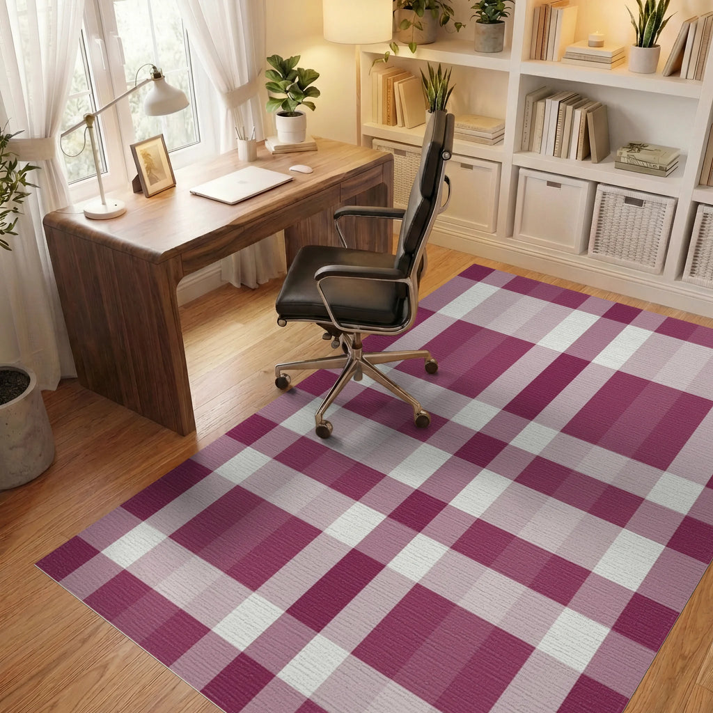 Burgundy Cream Plaid Lattice Rug Office View