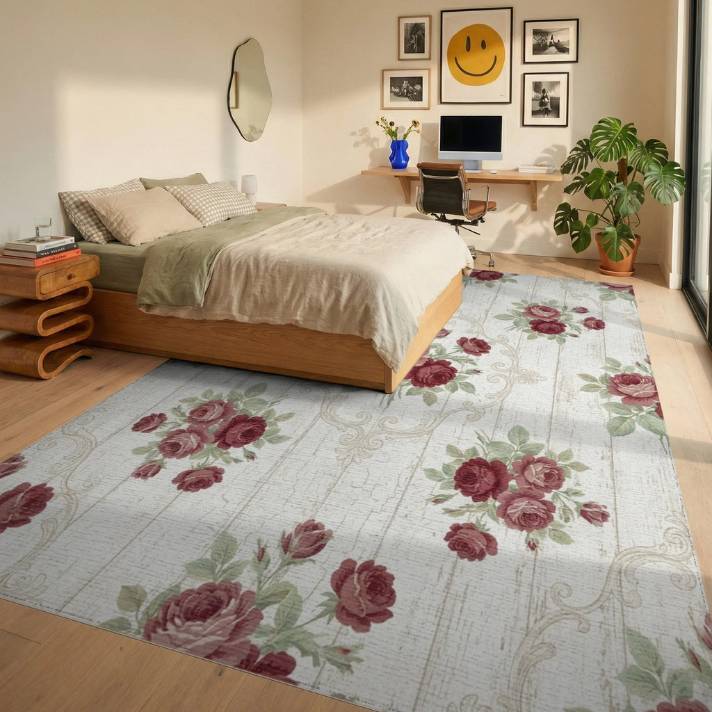 Burgundy Floral Acanthus Scroll Medallion Rug Bedroom View