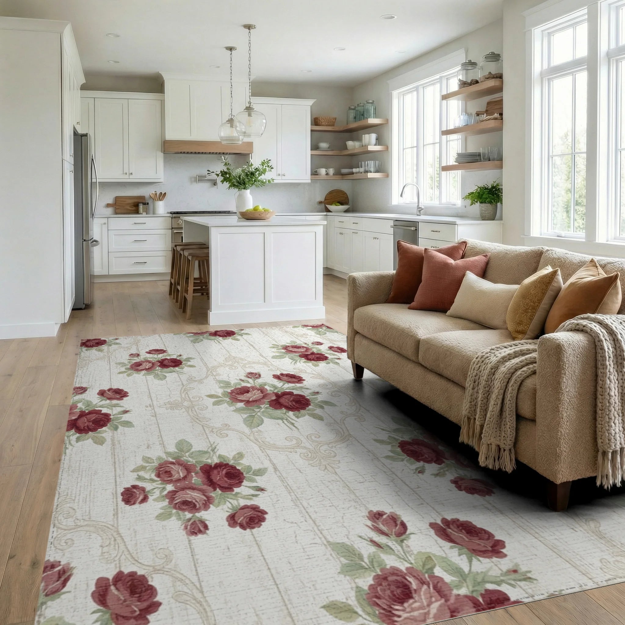 Burgundy Floral Acanthus Scroll Medallion Rug Living Room View