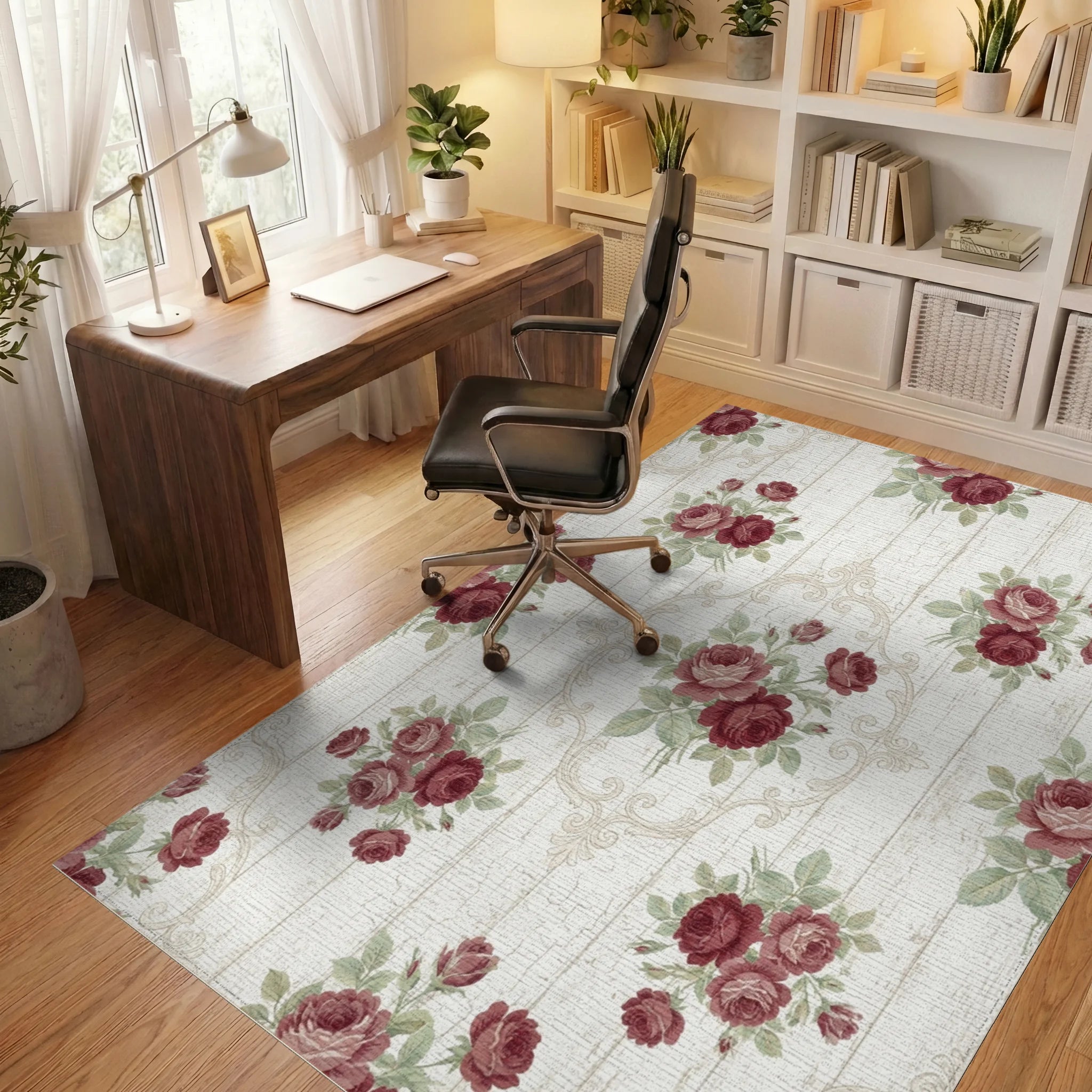Burgundy Floral Acanthus Scroll Medallion Rug Office View