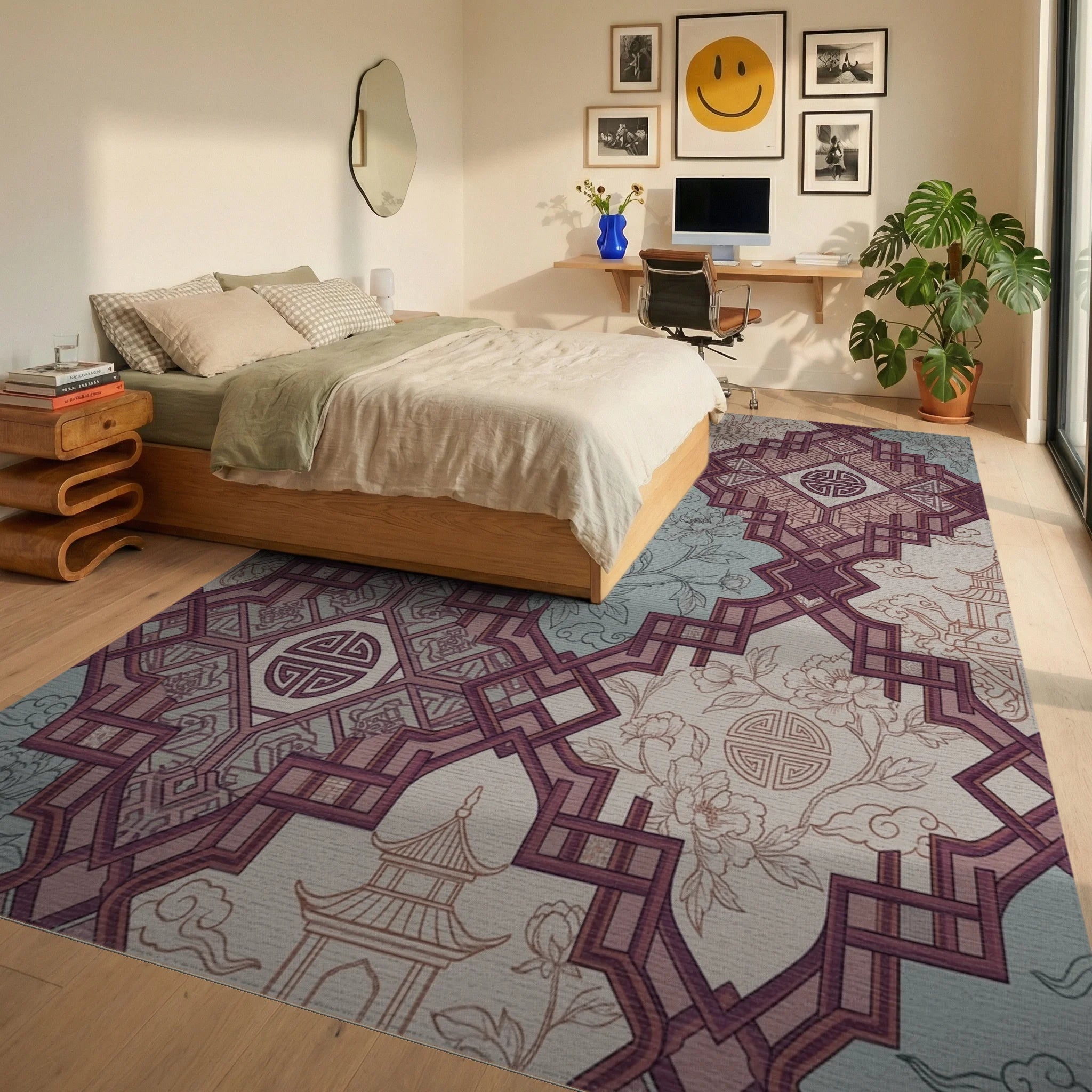 Burgundy Floral Pagoda Lattice Rug Bedroom View