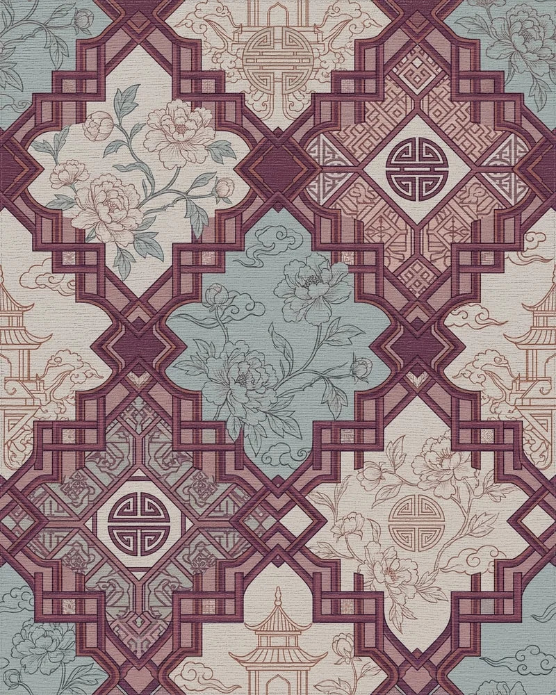Burgundy Floral Pagoda Lattice Rug - Cutout View