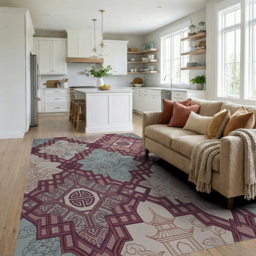 Burgundy Floral Pagoda Lattice Rug Living Room View