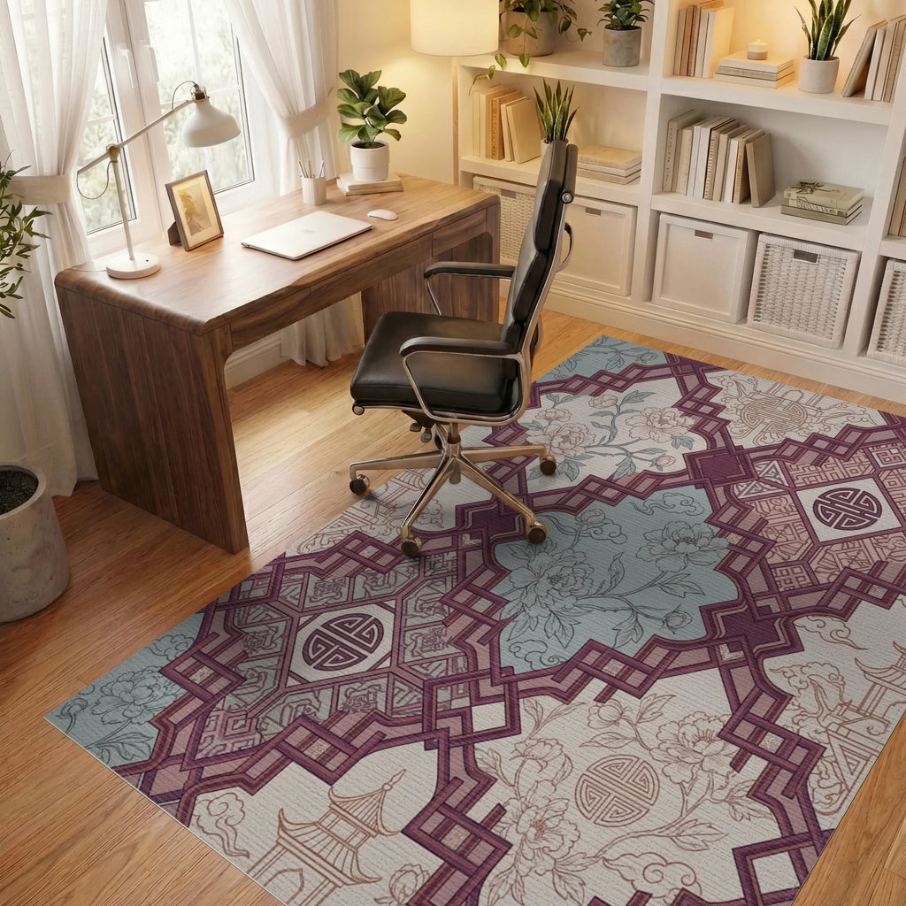 Burgundy Floral Pagoda Lattice Rug Office View