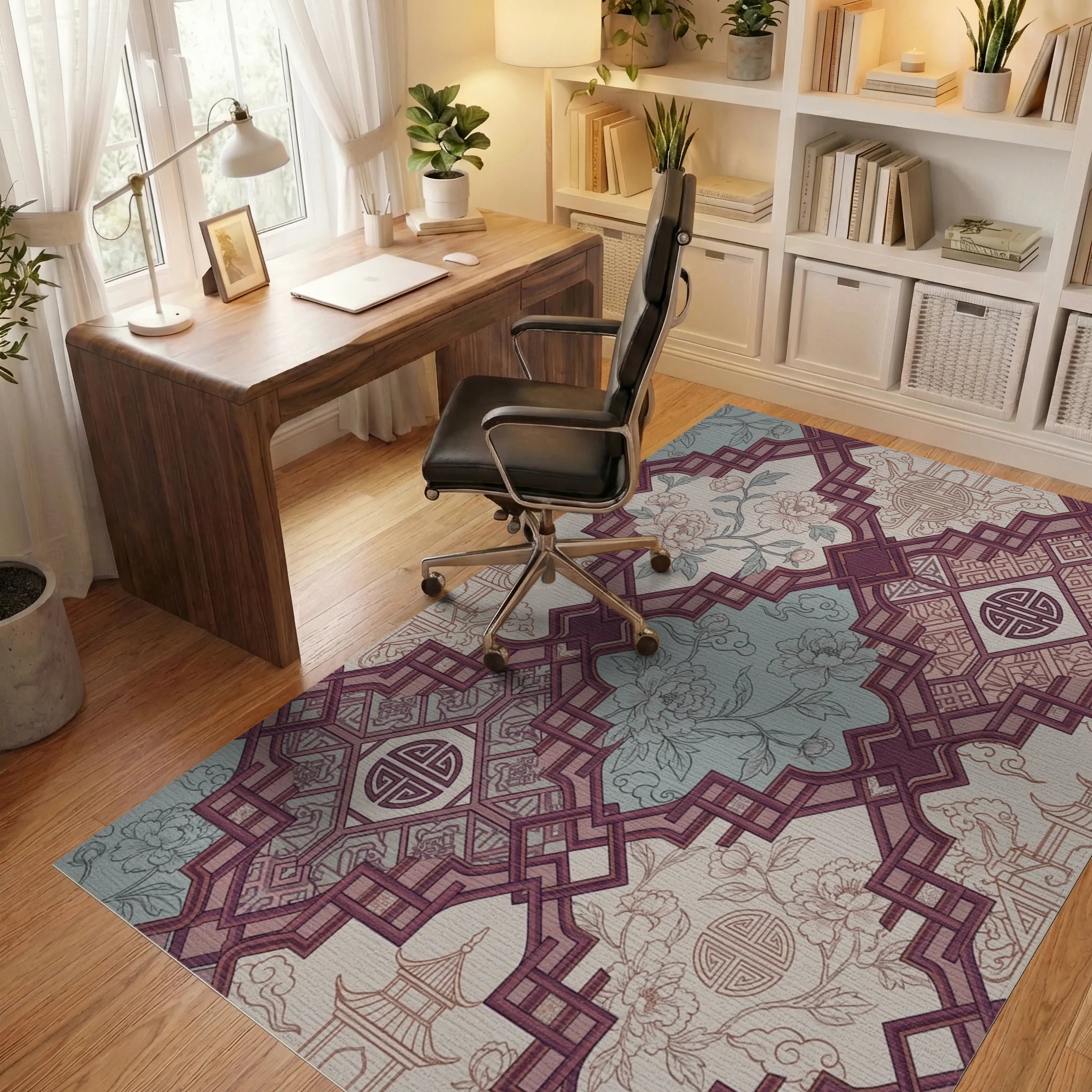 Burgundy Floral Pagoda Lattice Rug Office View