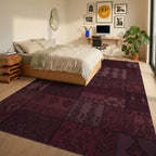 Burgundy Folk Art Patchwork Rug Bedroom View