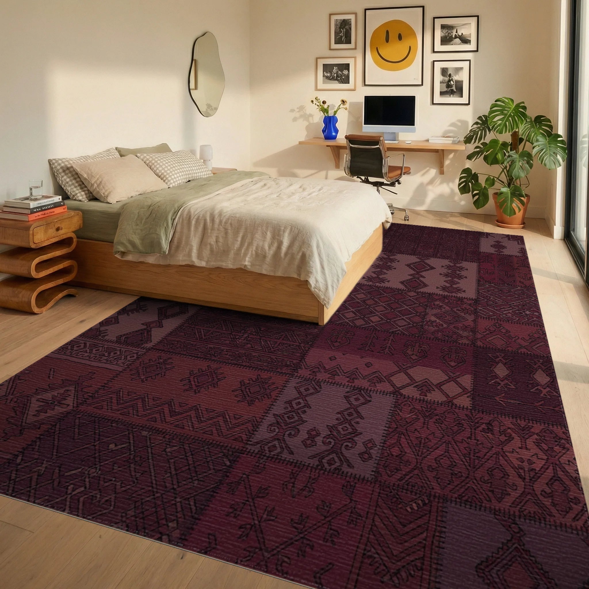 Burgundy Folk Art Patchwork Rug Bedroom View