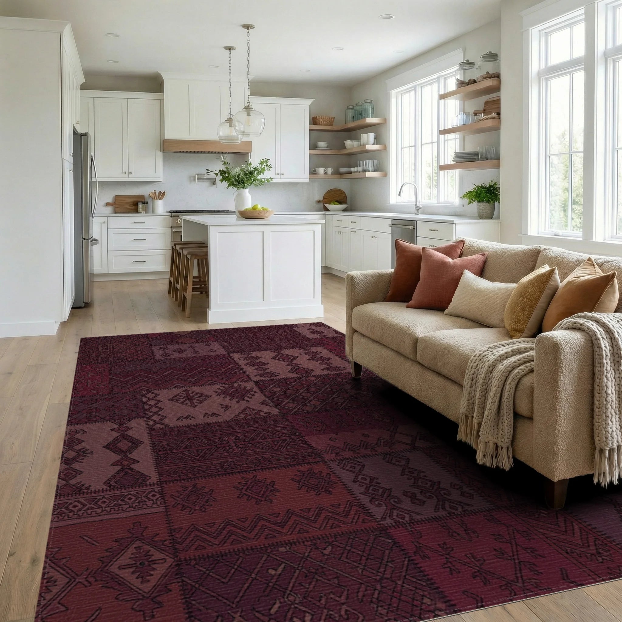 Burgundy Folk Art Patchwork Rug Living Room View