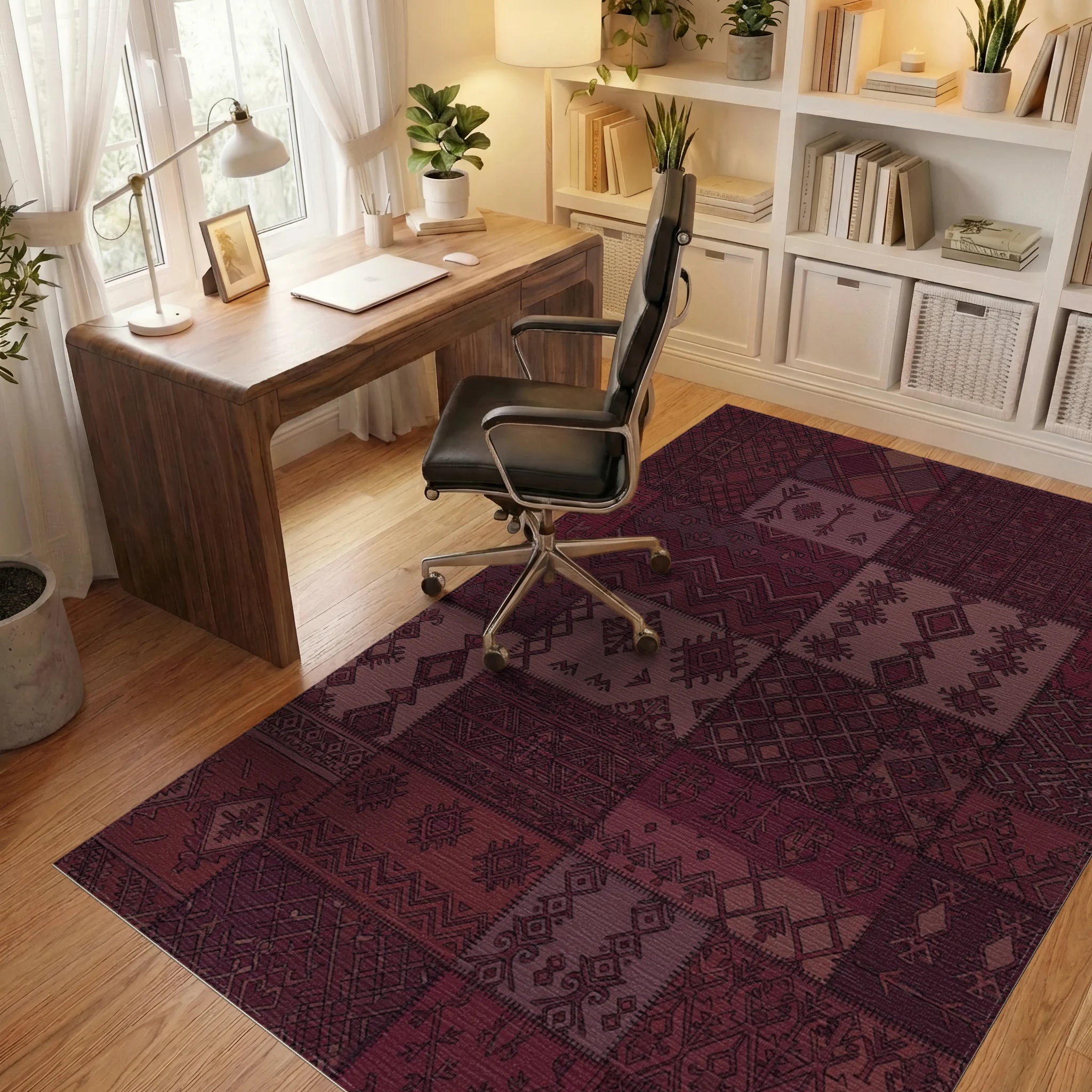 Burgundy Folk Art Patchwork Rug Office View