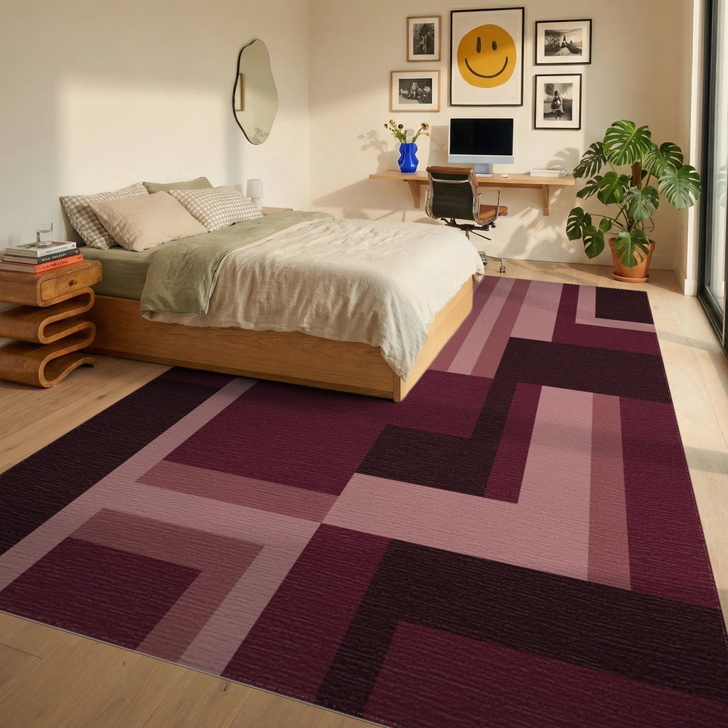 Burgundy Geometric Abstract Shapes Rug Bedroom View