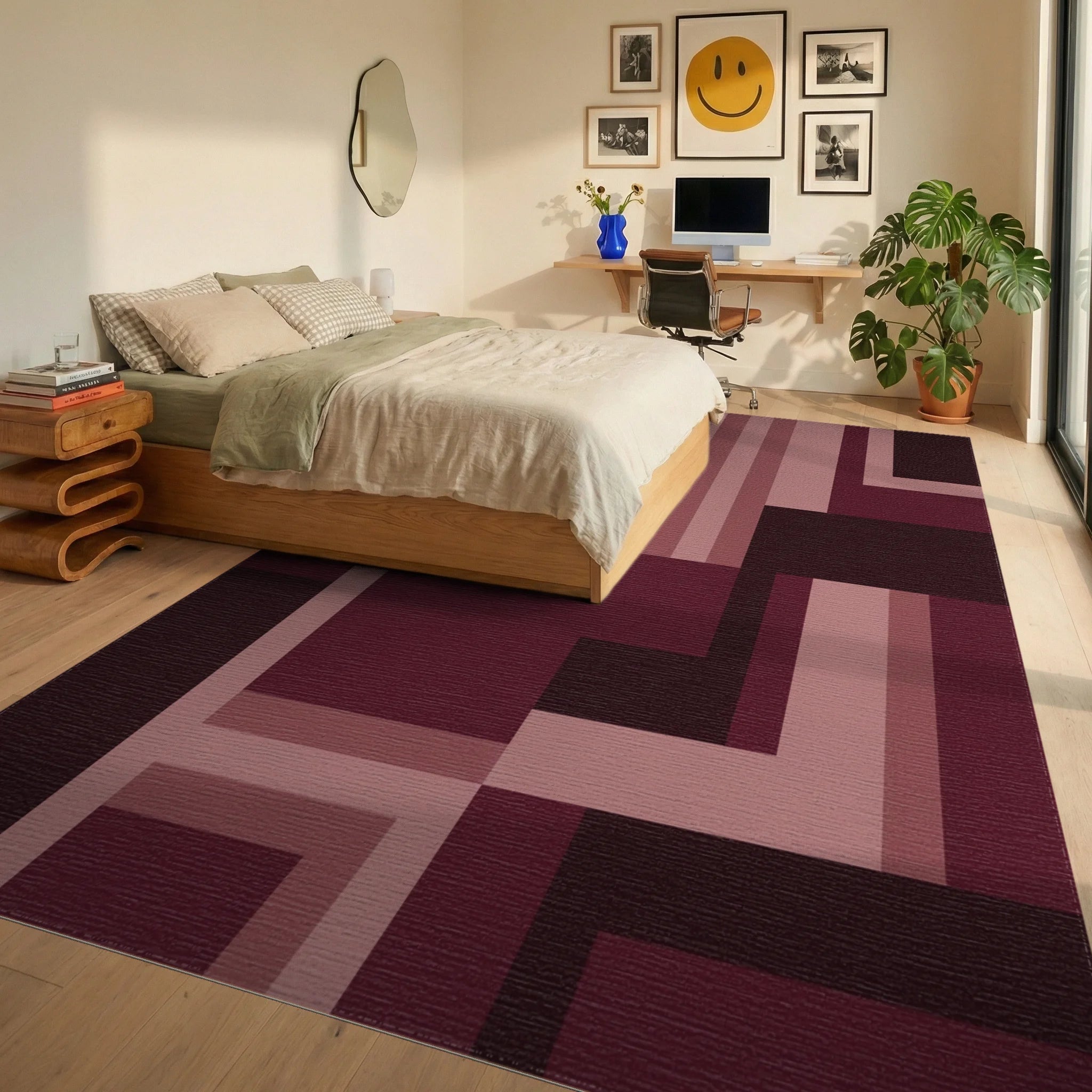 Burgundy Geometric Abstract Shapes Rug Bedroom View