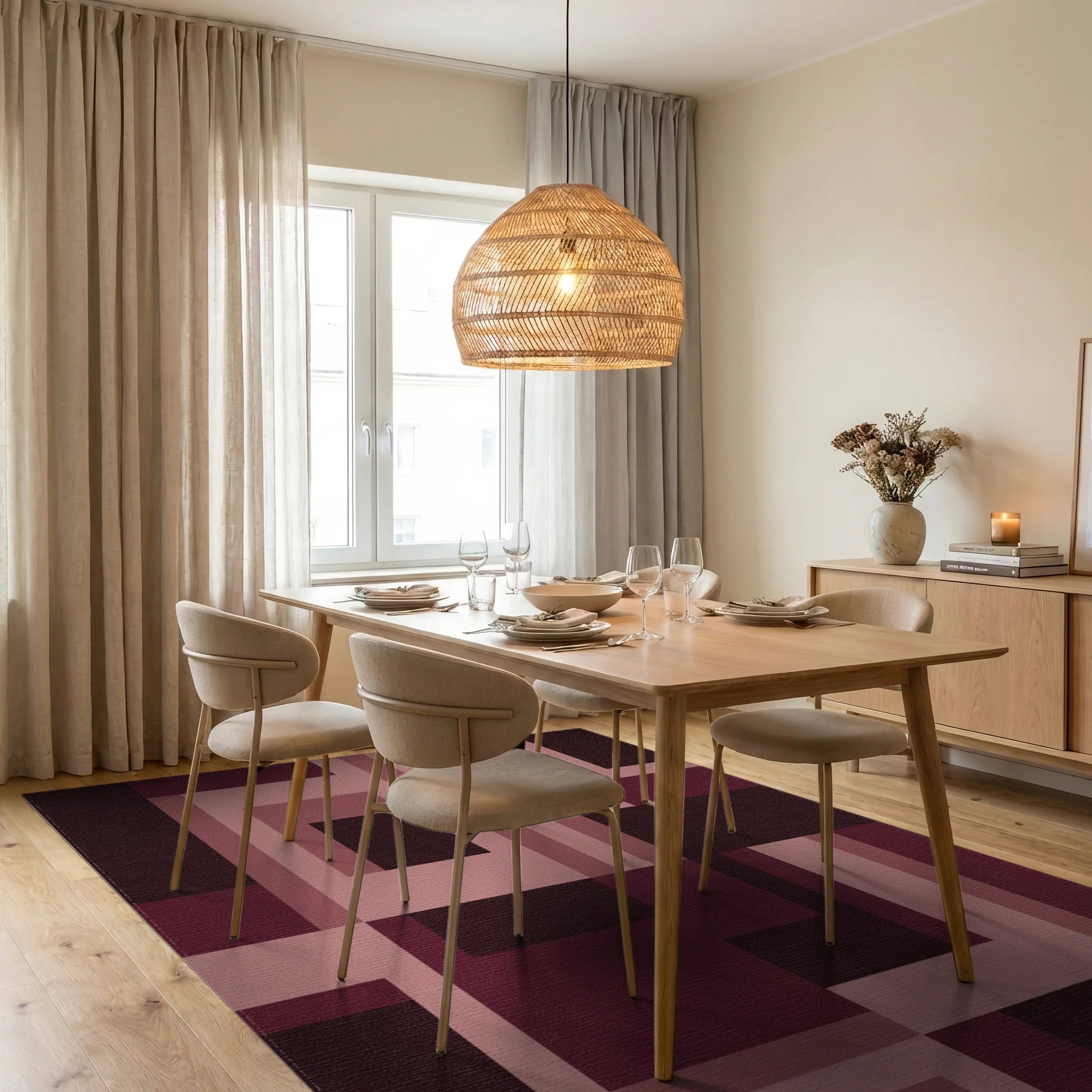 Burgundy Geometric Abstract Shapes Rug Dining Room View