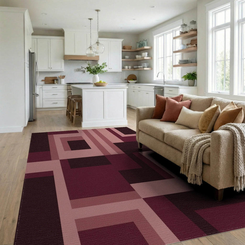 Burgundy Geometric Abstract Shapes Rug Living Room View