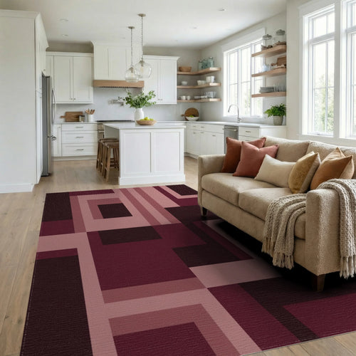 Burgundy Geometric Abstract Shapes Rug Living Room View