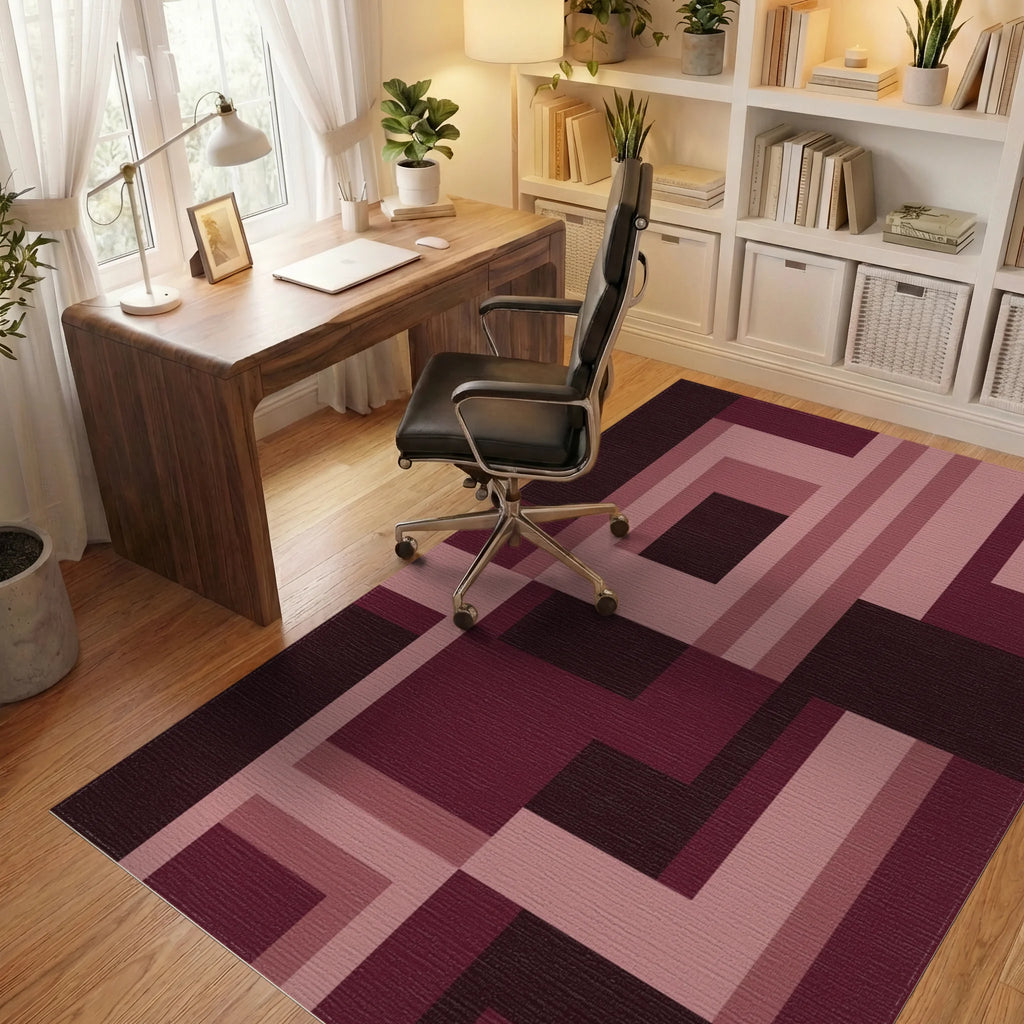 Burgundy Geometric Abstract Shapes Rug Office View
