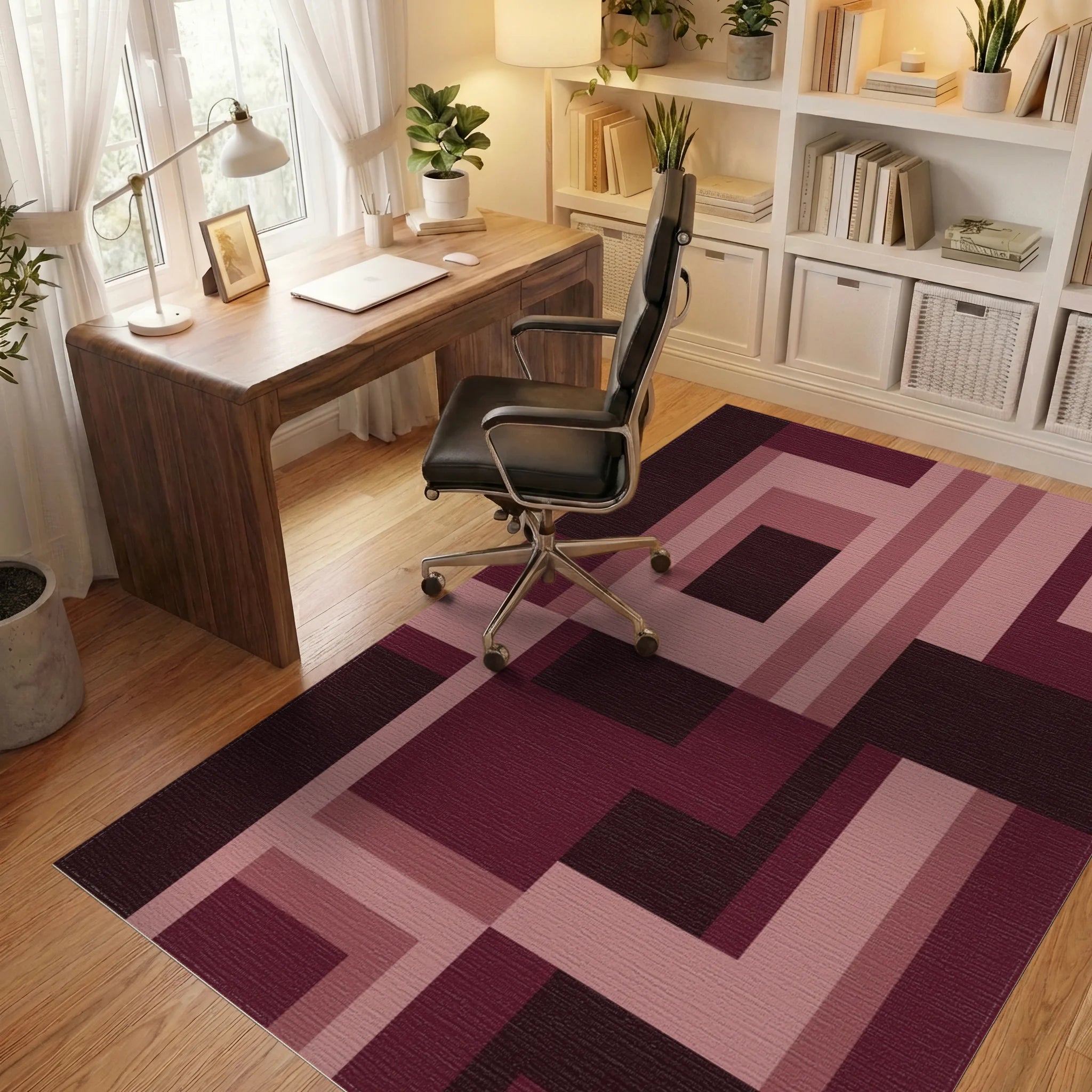 Burgundy Geometric Abstract Shapes Rug Office View