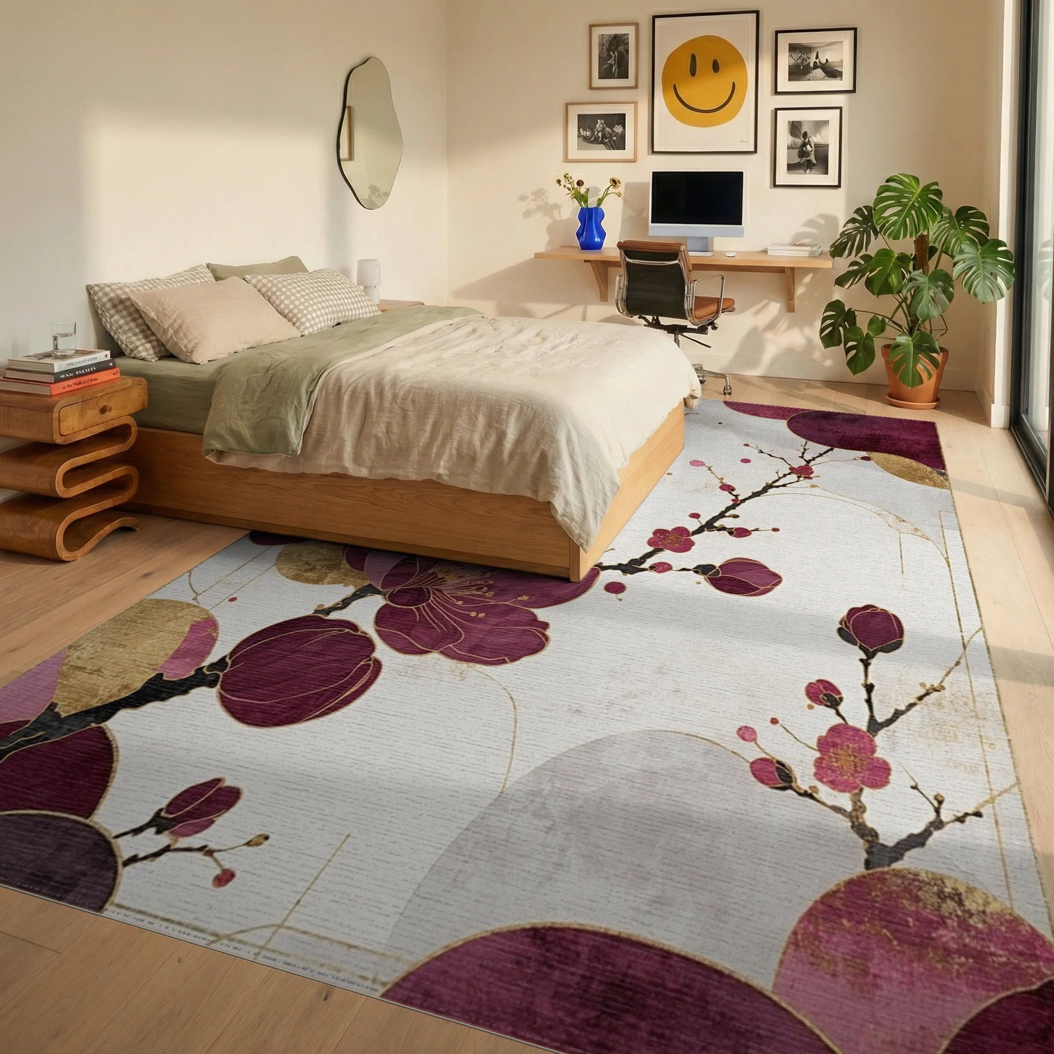 Burgundy Gold Blossom Branch Rug - Bedroom View
