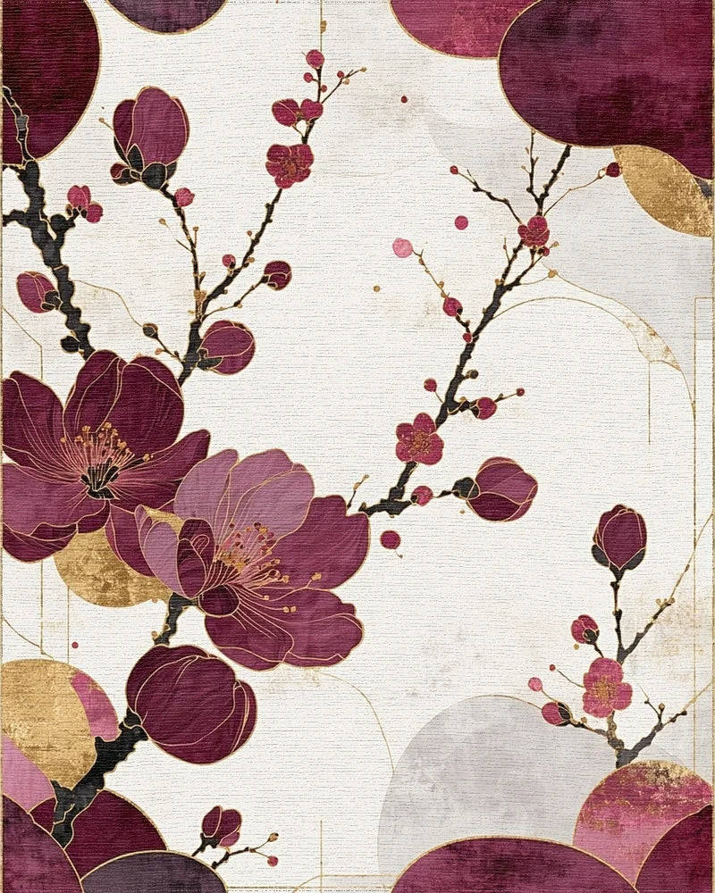 Burgundy Gold Blossom Branch Rug - Cutout View