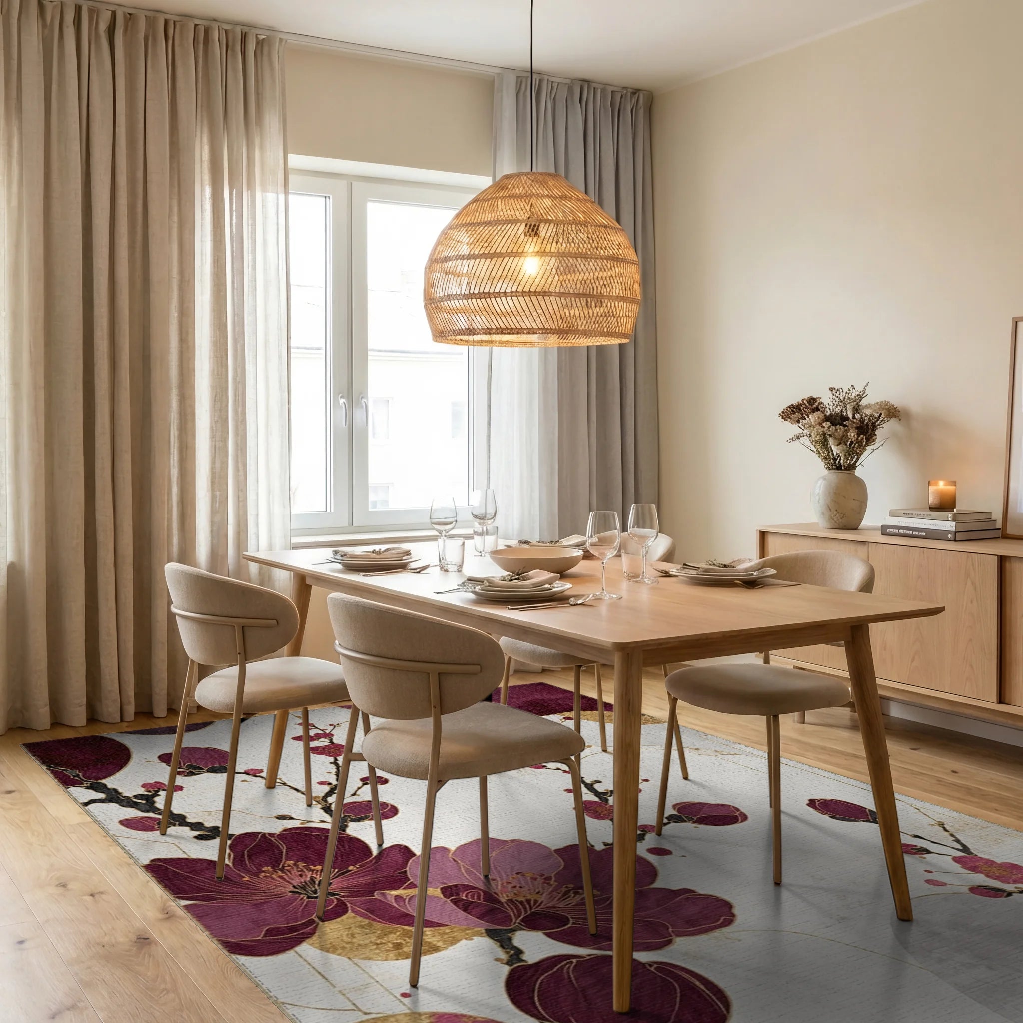 Burgundy Gold Blossom Branch Rug - Dining Room View