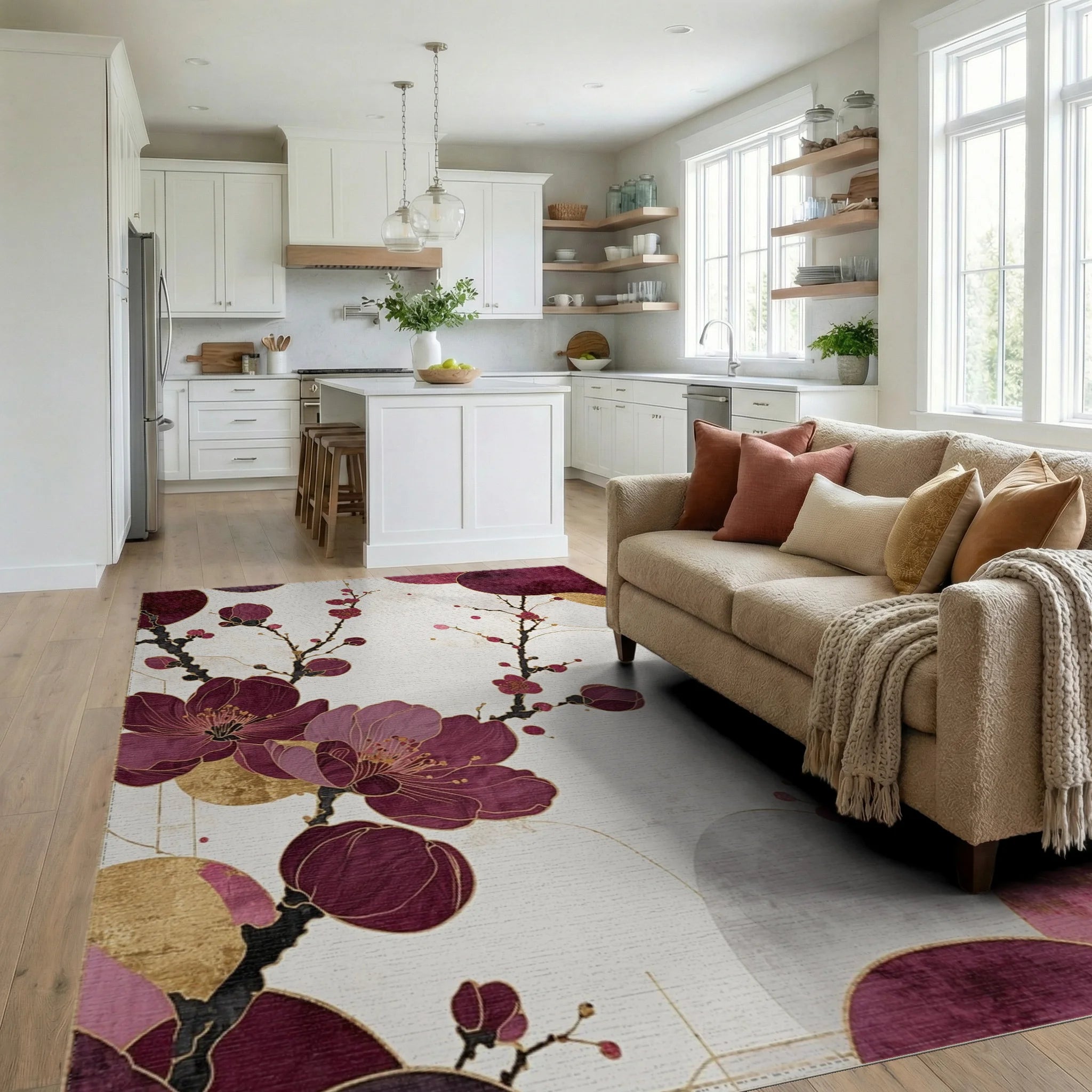 Burgundy Gold Blossom Branch Rug - Living Room View