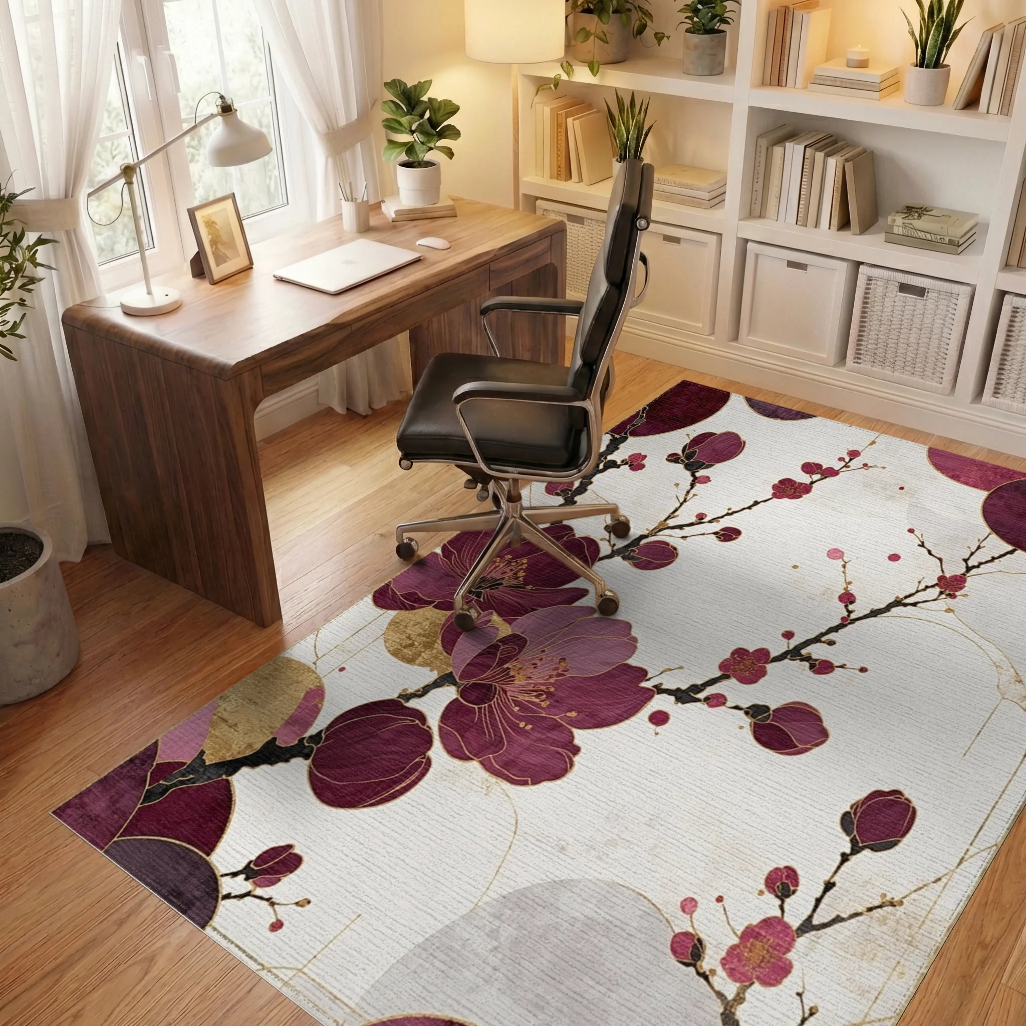 Burgundy Gold Blossom Branch Rug - Office View