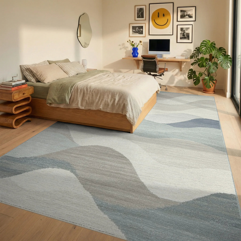 Calm Abstract Wave Blue Rug - Bedroom View