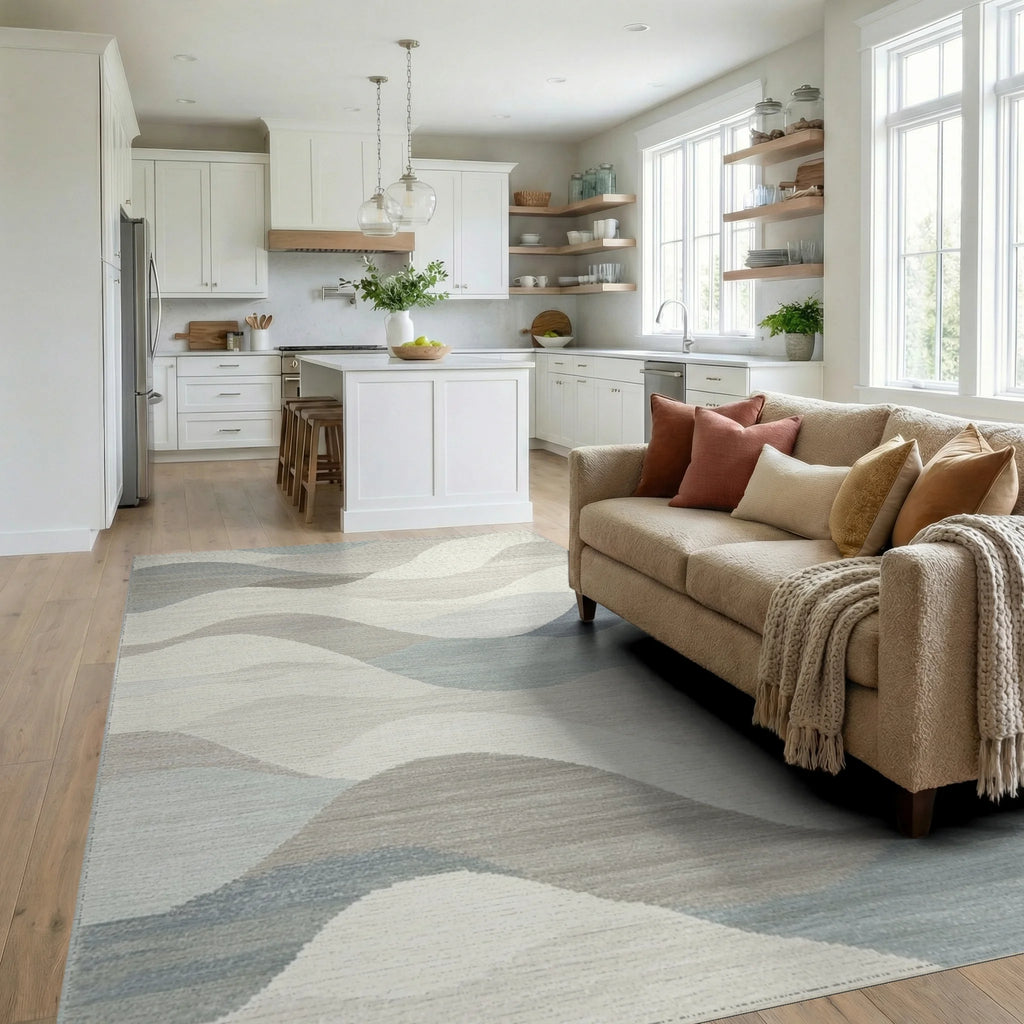 Calm Abstract Wave Blue Rug - Living Room View