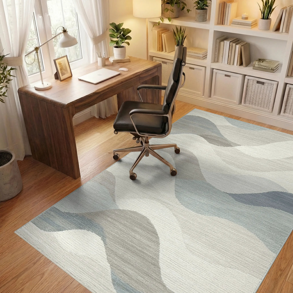 Calm Abstract Wave Blue Rug - Office View