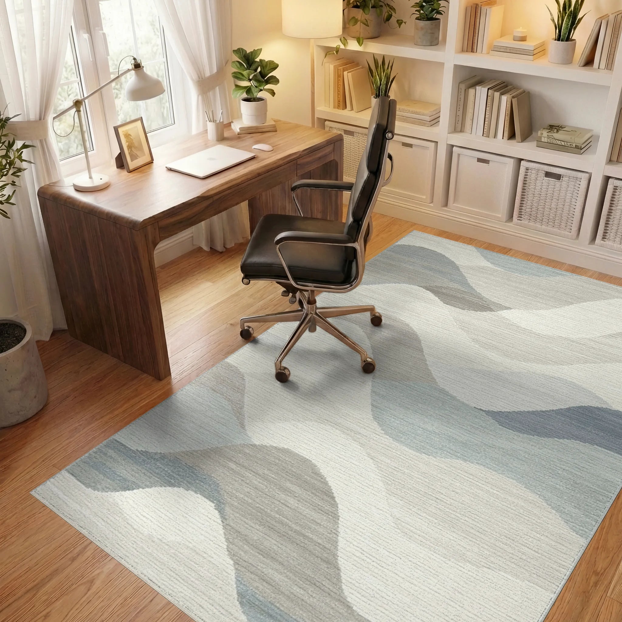 Calm Abstract Wave Blue Rug - Office View