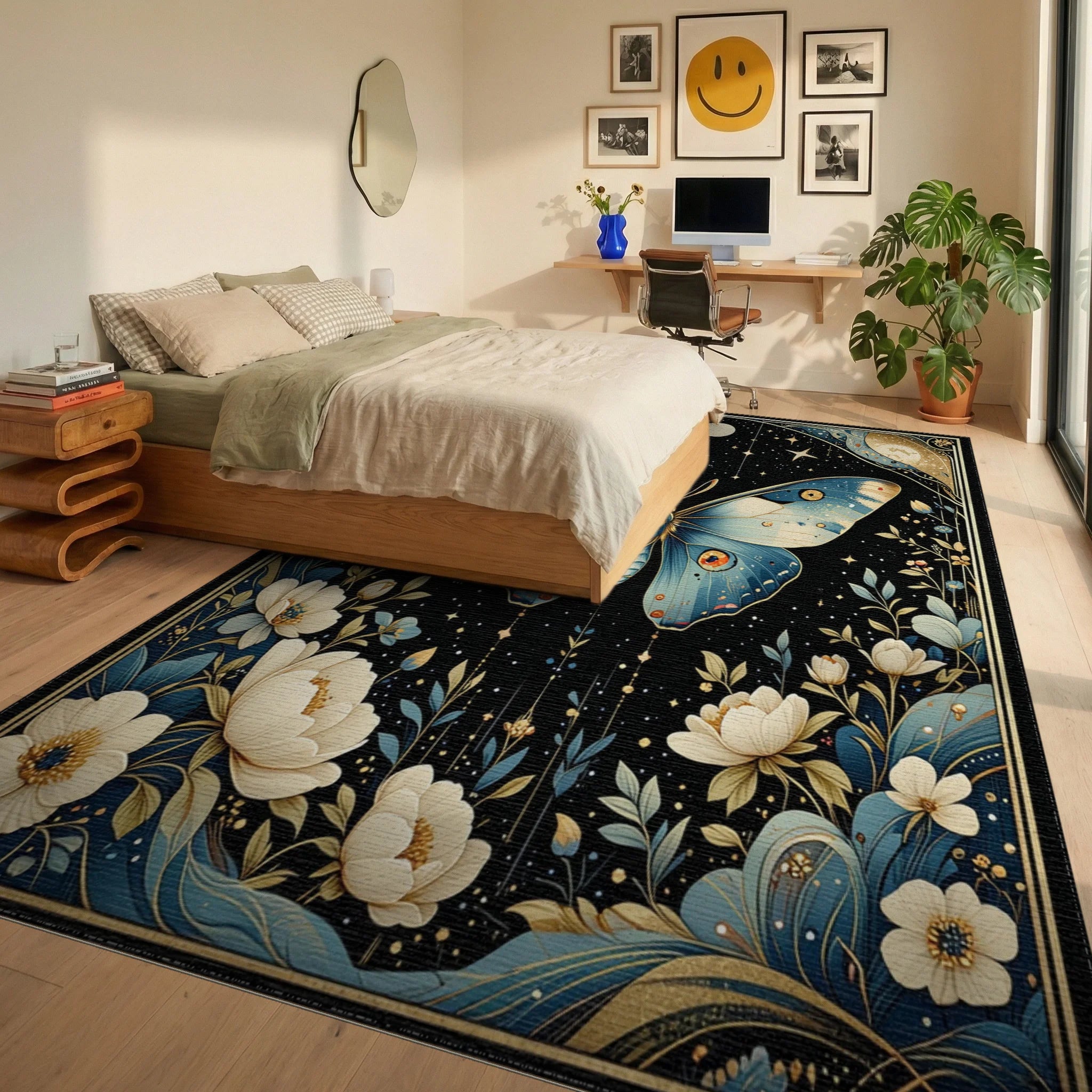 Celestial Blue Butterfly Floral Night Rug - Bedroom View