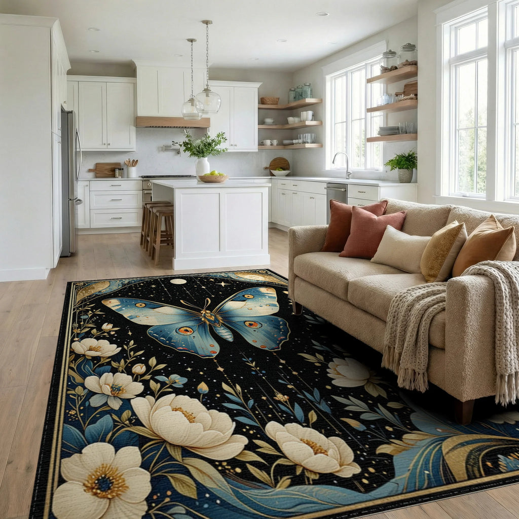 Celestial Blue Butterfly Floral Night Rug - Living Room View