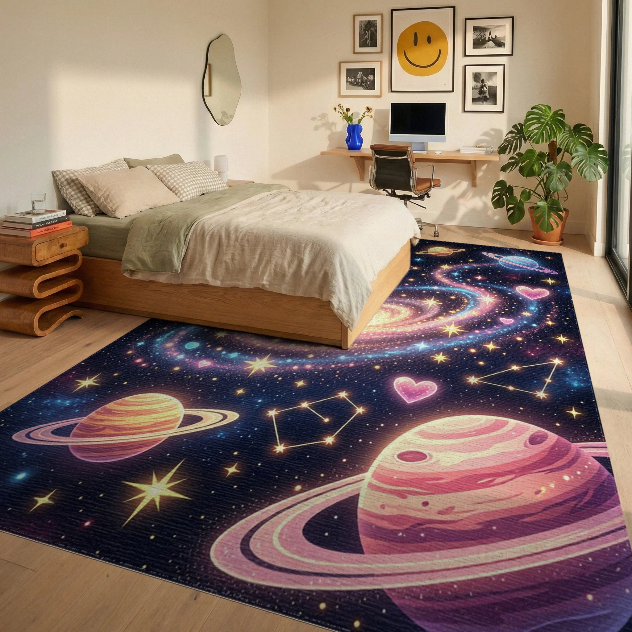 Celestial Galaxy Glitter Planet Nebula Rug Bedroom View