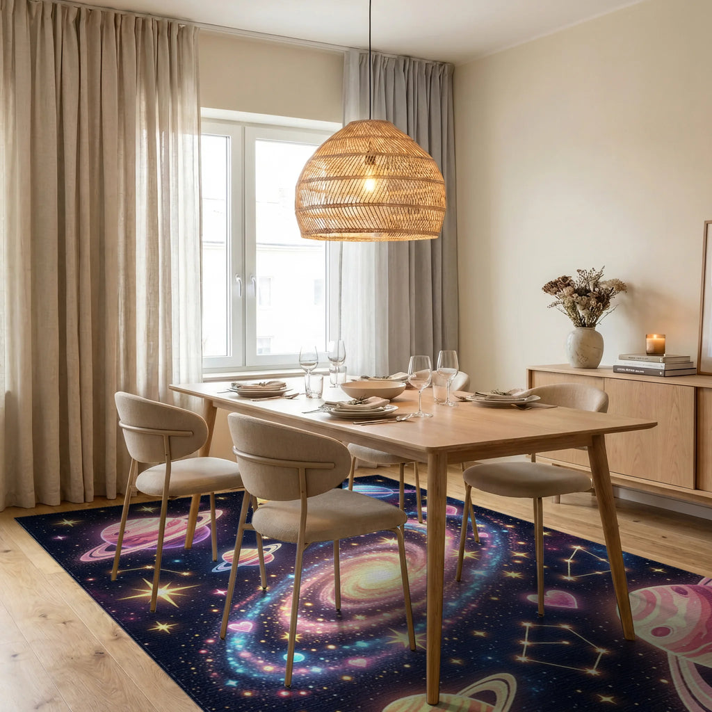 Celestial Galaxy Glitter Planet Nebula Rug Dining Room View
