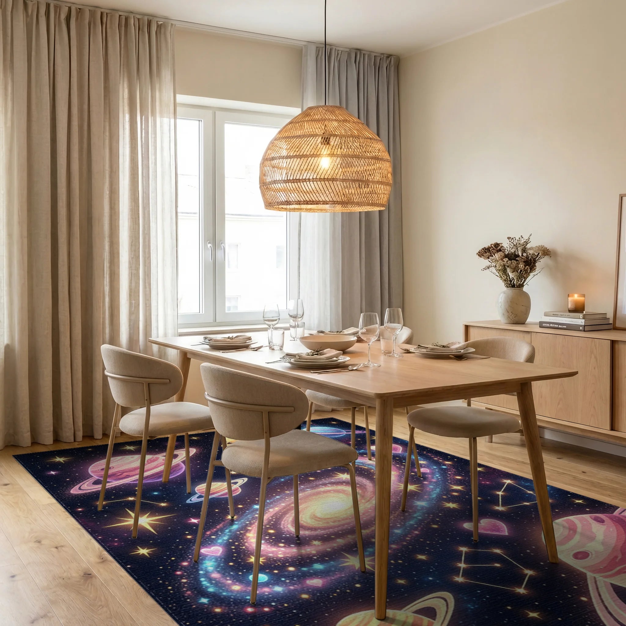 Celestial Galaxy Glitter Planet Nebula Rug Dining Room View
