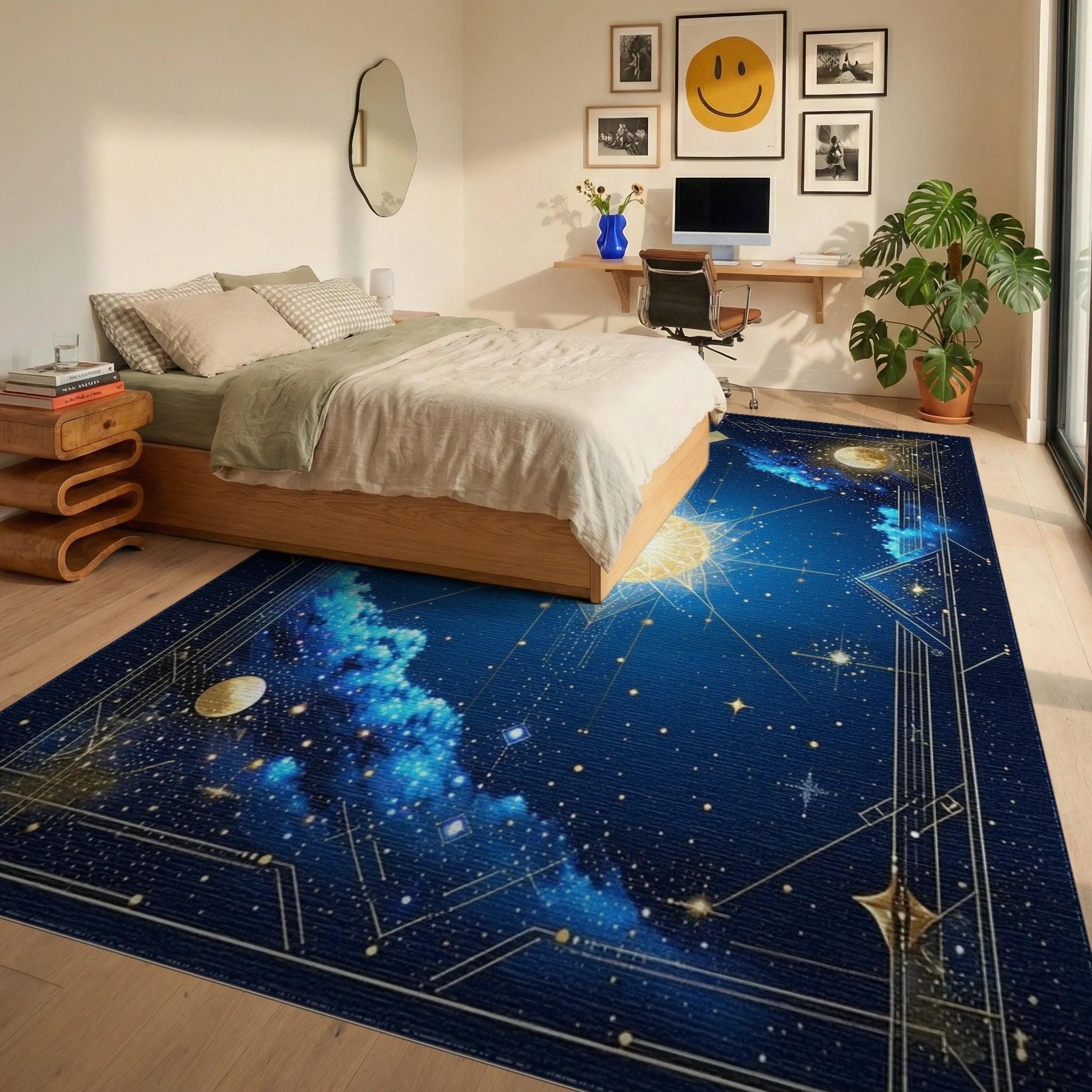 Celestial Gold Radiant Sunburst Rug - Bedroom View