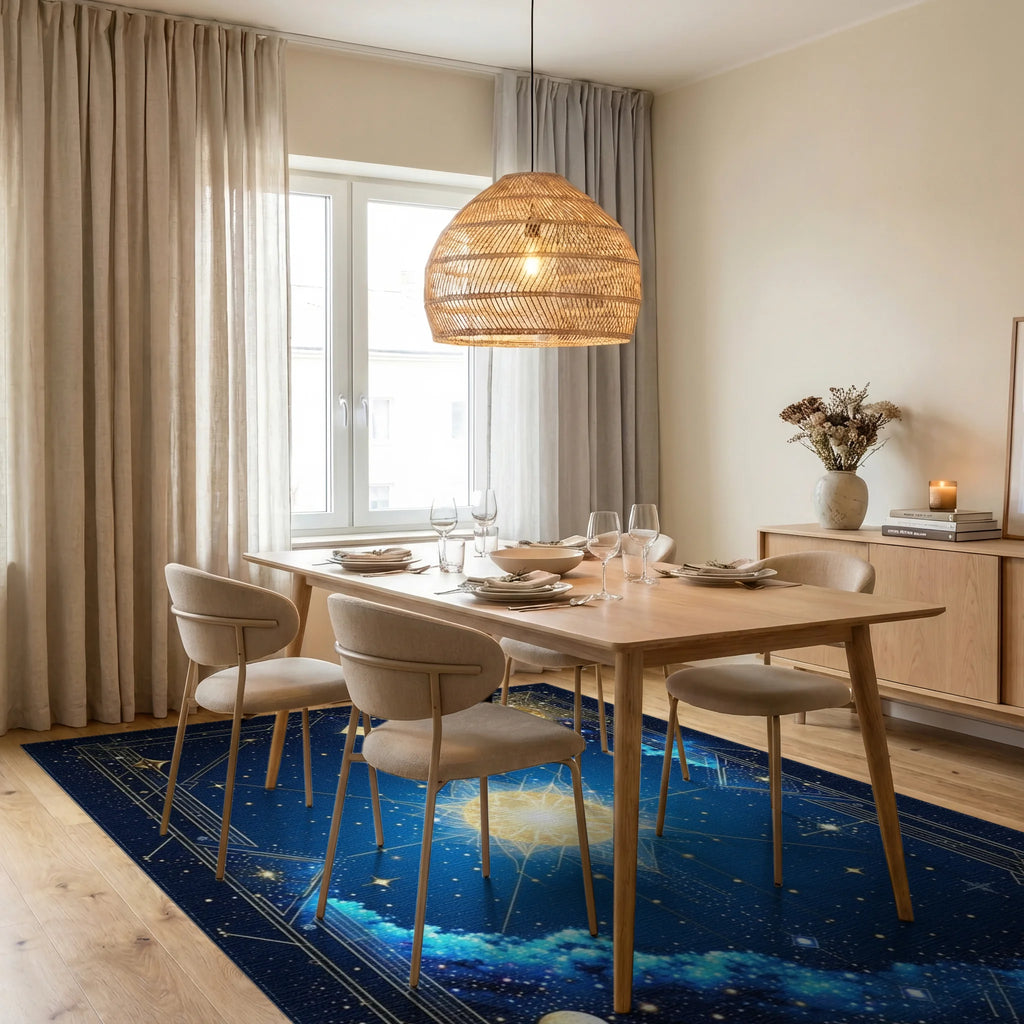 Celestial Gold Radiant Sunburst Rug - Dining Room View